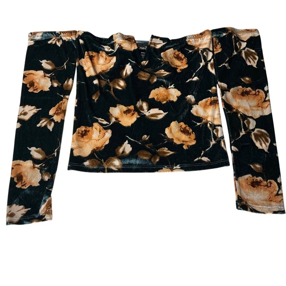 Rue21 Floral Velvet Off The Shoulder Top Long Sleeve Black & Orange Small - Picture 1 of 4